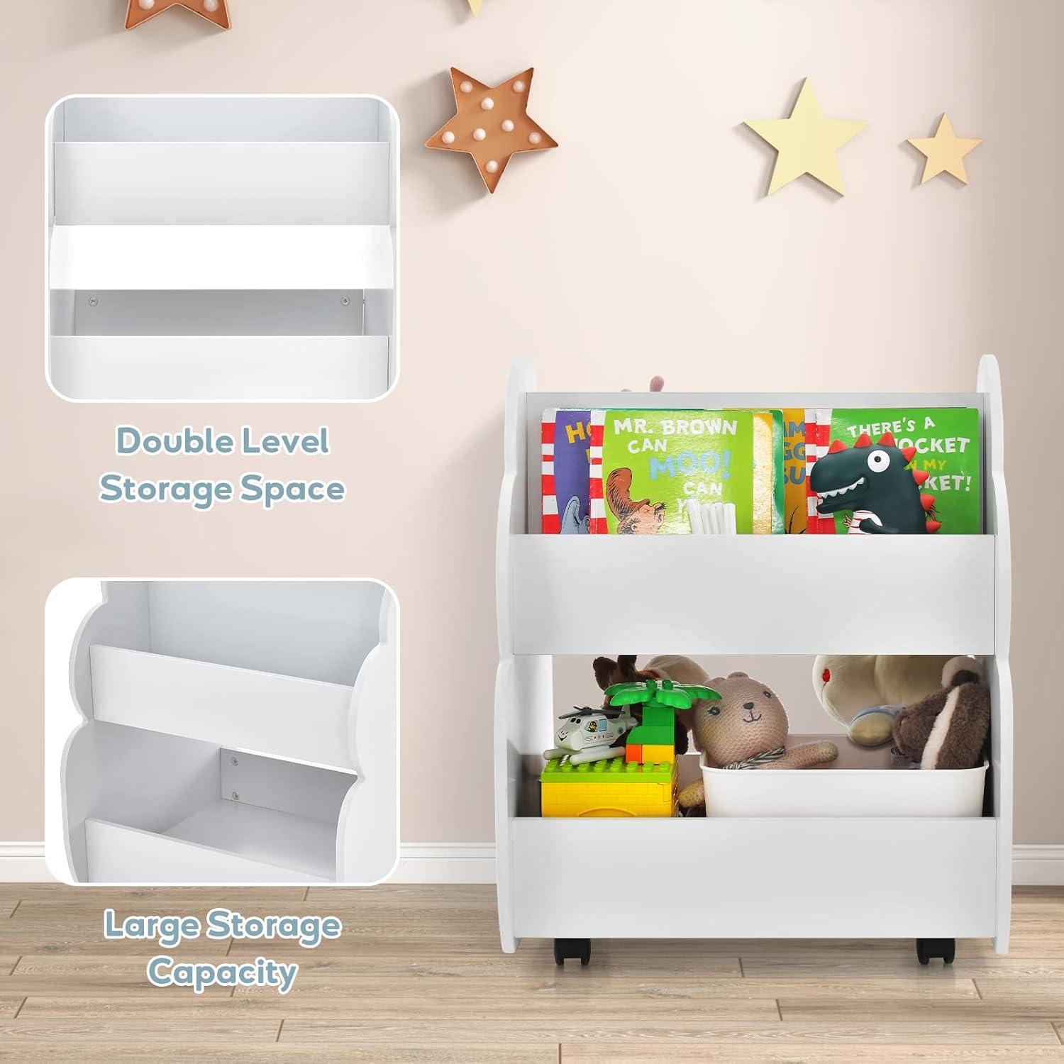 imageINFANS Kids Bookshelf with Wheels Wooden Bookcase Toy Storage Cabinet Organizer Holder Toddler Display Stand Book Rack for Bedroom Playroom Nursery KindergartenWhite