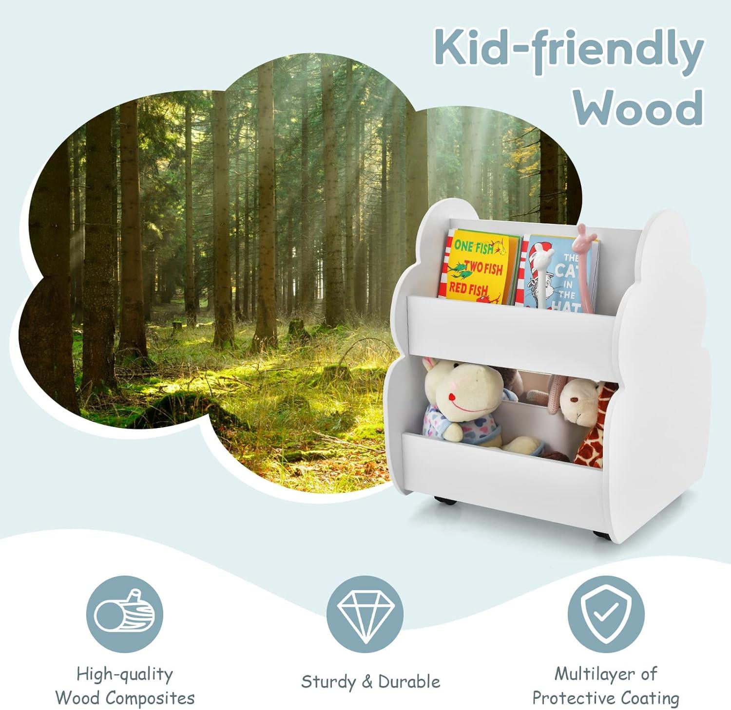 imageINFANS Kids Bookshelf with Wheels Wooden Bookcase Toy Storage Cabinet Organizer Holder Toddler Display Stand Book Rack for Bedroom Playroom Nursery KindergartenWhite