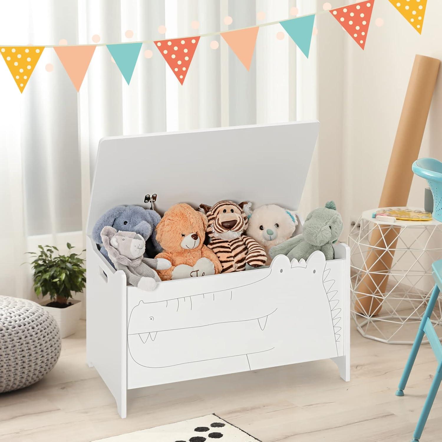 imageINFANS Toy Box Wooden Kids Toy Storage Chest Wooden Trunk Bench with Fliptop Lid Safety Hinge Toddler Cabinet Organizer for Bedroom Playroom Nursery Entryway White