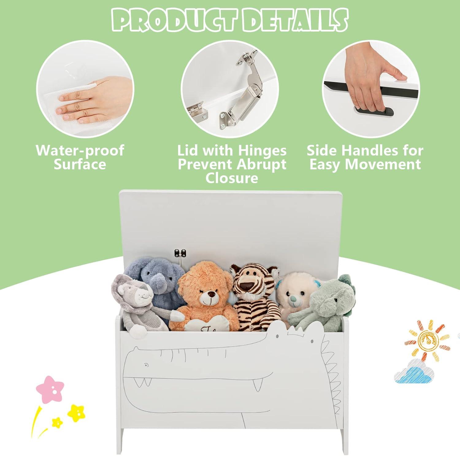 imageINFANS Toy Box Wooden Kids Toy Storage Chest Wooden Trunk Bench with Fliptop Lid Safety Hinge Toddler Cabinet Organizer for Bedroom Playroom Nursery Entryway White