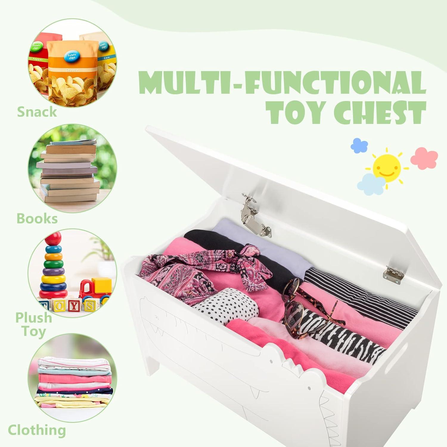 imageINFANS Toy Box Wooden Kids Toy Storage Chest Wooden Trunk Bench with Fliptop Lid Safety Hinge Toddler Cabinet Organizer for Bedroom Playroom Nursery Entryway White