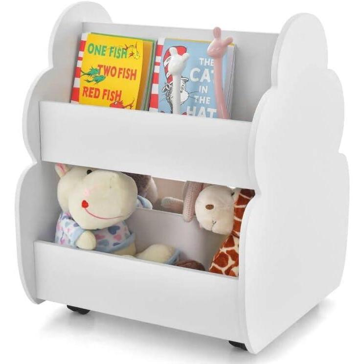 imageINFANS Kids Bookshelf with Wheels Wooden Bookcase Toy Storage Cabinet Organizer Holder Toddler Display Stand Book Rack for Bedroom Playroom Nursery KindergartenWhite