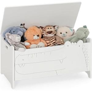 imageINFANS Toy Box Wooden Kids Toy Storage Chest Wooden Trunk Bench with Fliptop Lid Safety Hinge Toddler Cabinet Organizer for Bedroom Playroom Nursery Entryway White