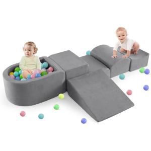 imageINFANS Climbing Toys for Toddlers Foam Climbing Blocks and Ball Pit for Baby 5pc Kids Climb and Crawl Block Activity Structure Play Set Indoor Foam Play Gym for Crawling and Sliding GreyGrey