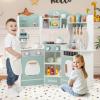 imageINFANS Corner Kids Kitchen Playset Toddler Wooden Pretend Cooking Set with Lights Sounds Coffee Machine Washing Machine Stove Removable Sink Storage Cabinet Simulation Play Kitchen Toy WhiteBlue
