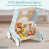 imageINFANS Wooden Baby Walker Montessori Walker with Multiple Activity Toys Storage Push Walker Toys for Infant Learning to Walk Sit to Stand Walker for Boys GirlsLight Blue