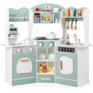imageINFANS Corner Kids Kitchen Playset Toddler Wooden Pretend Cooking Set with Lights Sounds Coffee Machine Washing Machine Stove Removable Sink Storage Cabinet Simulation Play Kitchen Toy WhiteBlue