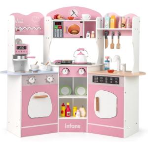 imageINFANS Corner Kids Kitchen Playset Toddler Wooden Pretend Cooking Set with Lights Sounds Coffee Machine Washing Machine Stove Removable Sink Storage Cabinet Simulation Play Kitchen Toy WhitePink