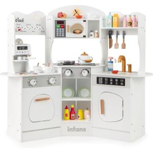 imageINFANS Corner Kids Kitchen Playset Toddler Wooden Pretend Cooking Set with Lights Sounds Coffee Machine Washing Machine Stove Removable Sink Storage Cabinet Simulation Play Kitchen Toy WhiteWhite