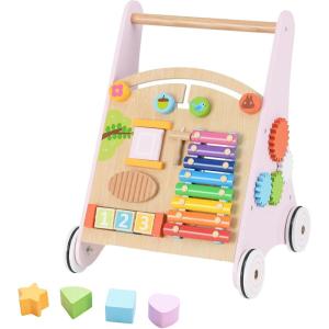 imageINFANS Wooden Baby Walker Montessori Walker with Multiple Activity Toys Storage Push Walker Toys for Infant Learning to Walk Sit to Stand Walker for Boys GirlsPink