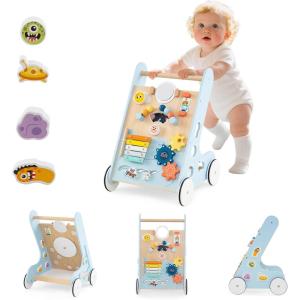 imageINFANS Wooden Baby Walker Montessori Walker with Multiple Activity Toys Storage Push Walker Toys for Infant Learning to Walk Sit to Stand Walker for Boys GirlsLight Blue