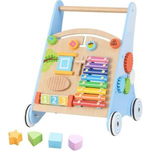 imageINFANS Wooden Baby Walker Montessori Walker with Multiple Activity Toys Storage Push Walker Toys for Infant Learning to Walk Sit to Stand Walker for Boys GirlsBlue