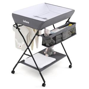 imageINFANS Baby Changing Table with Wheels Portable Folding Diaper Station Nursery Organizer with Storage Basket Hanging Rack Adjustable Height Safety Belt for Newborn Infant GrayGray
