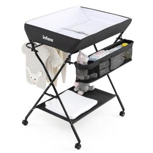 imageINFANS Baby Changing Table with Wheels Portable Folding Diaper Station Nursery Organizer with Storage Basket Hanging Rack Adjustable Height Safety Belt for Newborn Infant GrayBlack