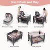 imageINFANS 4 in 1 Pack and Play Portable Nursery Center for Baby Kid Infant Travel Playard with Bassinet Mattress Diaper Changer Bag Toys Music Box Storage Basket CowPink