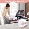imageINFANS 4 in 1 Pack and Play Portable Nursery Center for Baby Kid Infant Travel Playard with Bassinet Mattress Diaper Changer Bag Toys Music Box Storage Basket CowPink