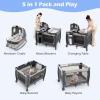 imageINFANS 4 in 1 Pack and Play Portable Nursery Center for Baby Kid Infant Travel Playard with Bassinet Mattress Diaper Changer Bag Toys Music Box Storage Basket CowWhitePinkGray