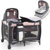 imageINFANS 4 in 1 Pack and Play Portable Nursery Center for Baby Kid Infant Travel Playard with Bassinet Mattress Diaper Changer Bag Toys Music Box Storage Basket CowPink