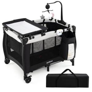 imageINFANS 3 in 1 Pack and Play Portable Travel Baby Crib Bassinet with Detachable Mattress Newborn Changing Table Foldable Playpen with Carry Bag and 2 Wheels CartoonMorden