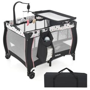 imageINFANS 3 in 1 Pack and Play Portable Travel Baby Crib Bassinet with Detachable Mattress Newborn Changing Table Foldable Playpen with Carry Bag and 2 Wheels CartoonCartoon