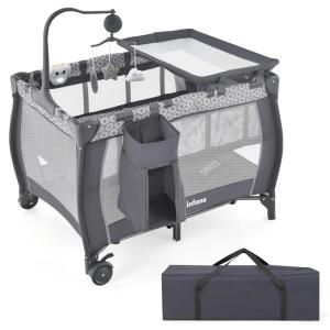imageINFANS 3 in 1 Pack and Play Portable Travel Baby Crib Bassinet with Detachable Mattress Newborn Changing Table Foldable Playpen with Carry Bag and 2 Wheels CartoonClassic
