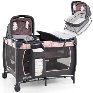 imageINFANS 4 in 1 Pack and Play Portable Nursery Center for Baby Kid Infant Travel Playard with Bassinet Mattress Diaper Changer Bag Toys Music Box Storage Basket CowPink
