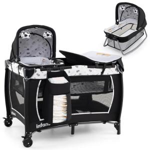 imageINFANS 4 in 1 Pack and Play Portable Nursery Center for Baby Kid Infant Travel Playard with Bassinet Mattress Diaper Changer Bag Toys Music Box Storage Basket CowCow