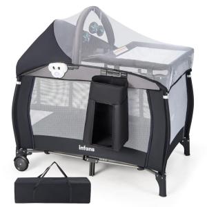 imageINFANS 4 in 1 Pack and Play Portable Travel Baby Playard with Bassinet Changing Table Canopy Mosquito Net Hanging Toys Music Box Storage Bag Large Playpen from Newborn to Toddlers BlackBlack