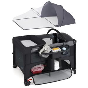 imageINFANS Baby Bassinet 4 in 1 Nursery Center Pack and Play Baby Playard with Changing Table Mosquito Net Storage Basket Travel Bag for Newborn 036 Months GrayBlack