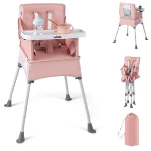 imageINFANS Baby High Chair Foldable Portable Highchair for Babies and Toddlers with Travel Bag Adjustable Tray 5 Point Harness Compact Space Saver Infant Feeding Chair for Age 636 Months PinkPink