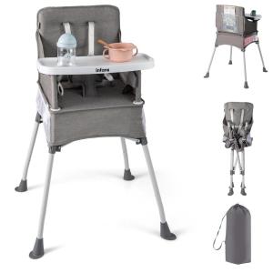 imageINFANS Baby High Chair Foldable Portable Highchair for Babies and Toddlers with Travel Bag Adjustable Tray 5 Point Harness Compact Space Saver Infant Feeding Chair for Age 636 Months PinkGrey