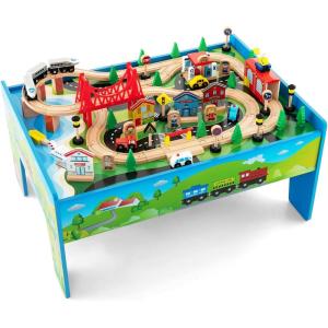 imageINFANS Train Table with Storage 78 Pieces Wooden Kids Activity Toy Table Playset with Reversible Detachable Tabletop Tracks Train Railway City Gift for Toddler Boys Girls Ages 3Classic