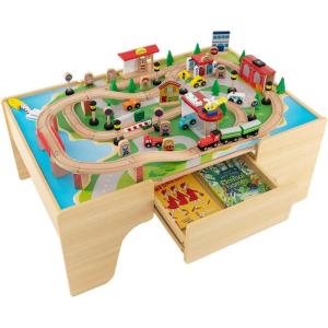 imageINFANS Train Table with Storage 78 Pieces Wooden Kids Activity Toy Table Playset with Reversible Detachable Tabletop Tracks Train Railway City Gift for Toddler Boys Girls Ages 3Upgraded