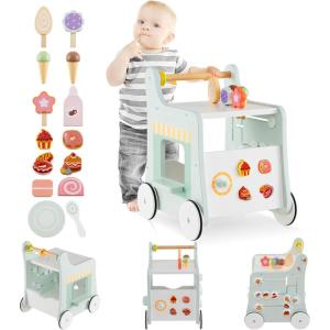 imageINFANS 6 in 1 Wooden Baby Walker Play Kitchen Playset Toddler Push Learning Activity with Wheels Shape Sorter Movable Slider Montessori Educational Toy for Girls Boys 13 YearsGreen