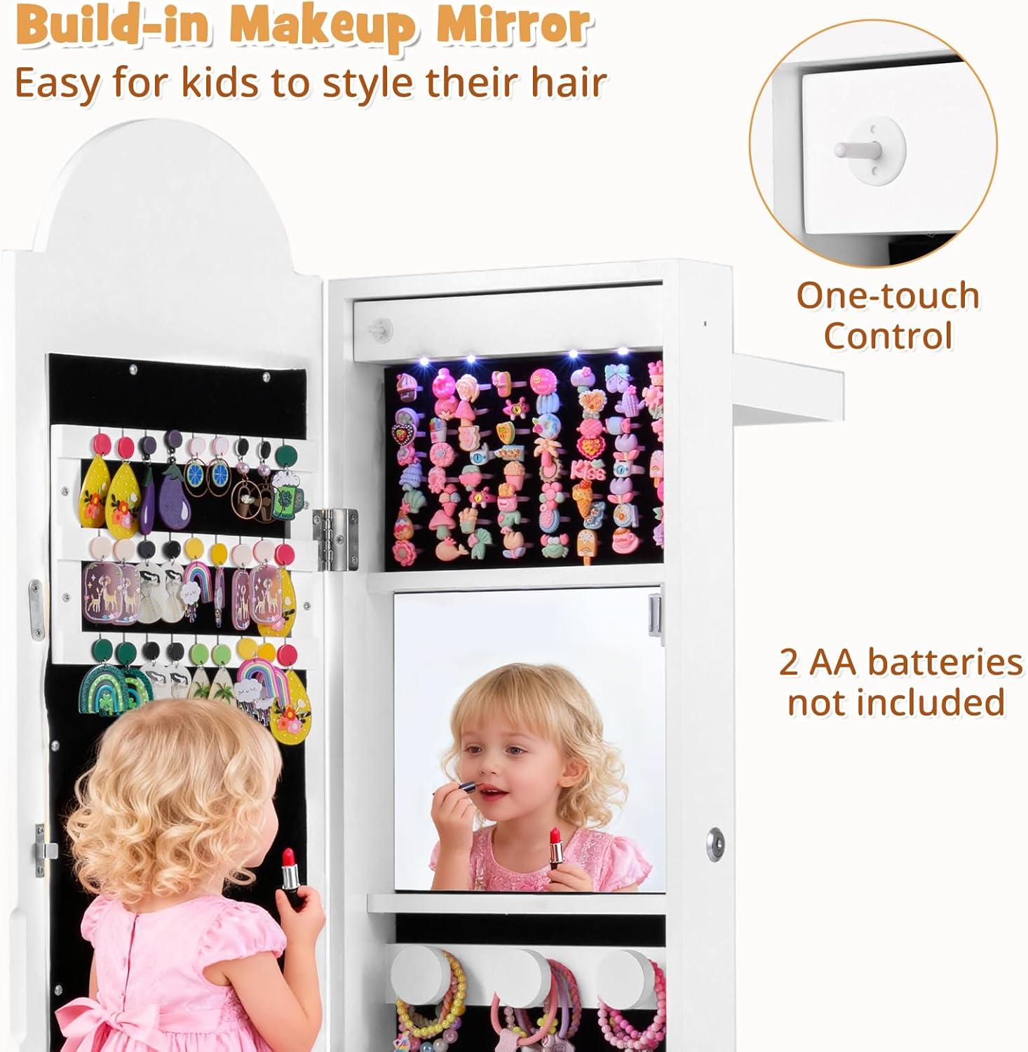 imageINFANS Kids Jewelry Armoire Cabinet 360 Swivel Lockable Standing Makeup Organizer with Interior Lights Rotatable FullLength LED Vanity Mirror with Foldable Fabric Drawer for Girls White HeartWhite Horse