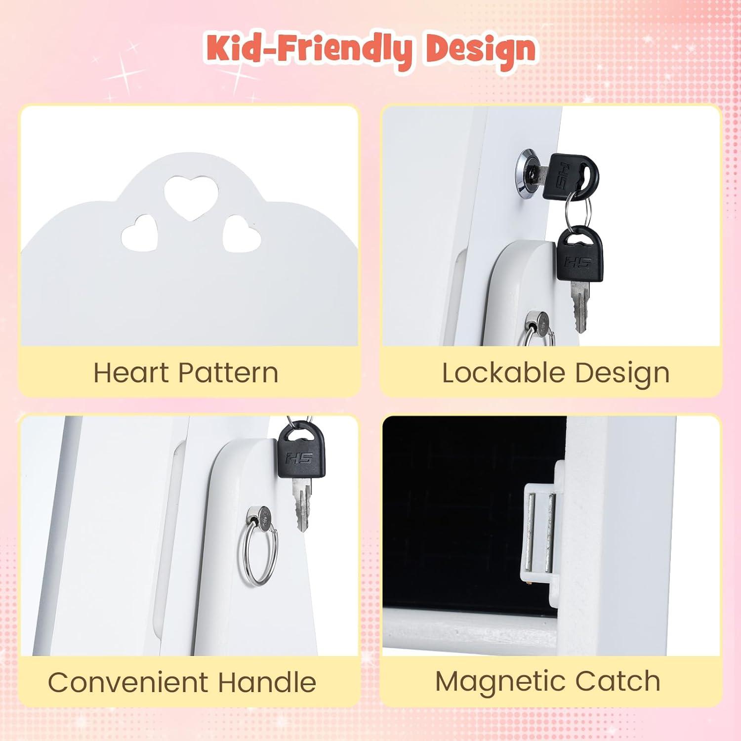 imageINFANS Kids Jewelry Armoire Cabinet 360 Swivel Lockable Standing Makeup Organizer with Interior Lights Rotatable FullLength LED Vanity Mirror with Foldable Fabric Drawer for Girls White HeartWhite Heart