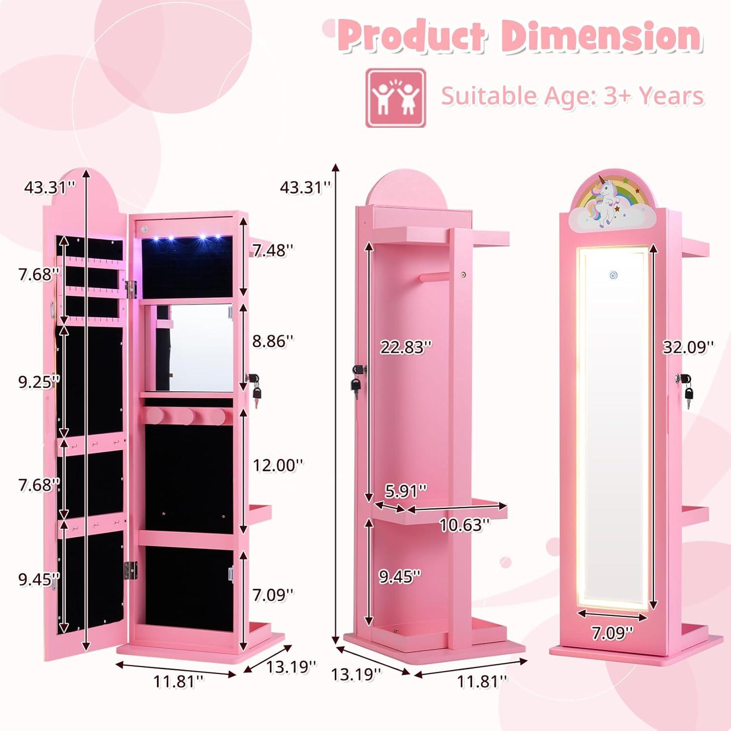 imageINFANS Kids Jewelry Armoire Cabinet 360 Swivel Lockable Standing Makeup Organizer with Interior Lights Rotatable FullLength LED Vanity Mirror with Foldable Fabric Drawer for Girls White HeartPink Horse