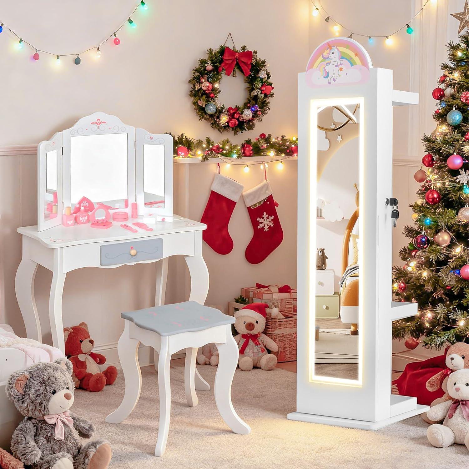 imageINFANS Kids Jewelry Armoire Cabinet 360 Swivel Lockable Standing Makeup Organizer with Interior Lights Rotatable FullLength LED Vanity Mirror with Foldable Fabric Drawer for Girls White HeartWhite Horse