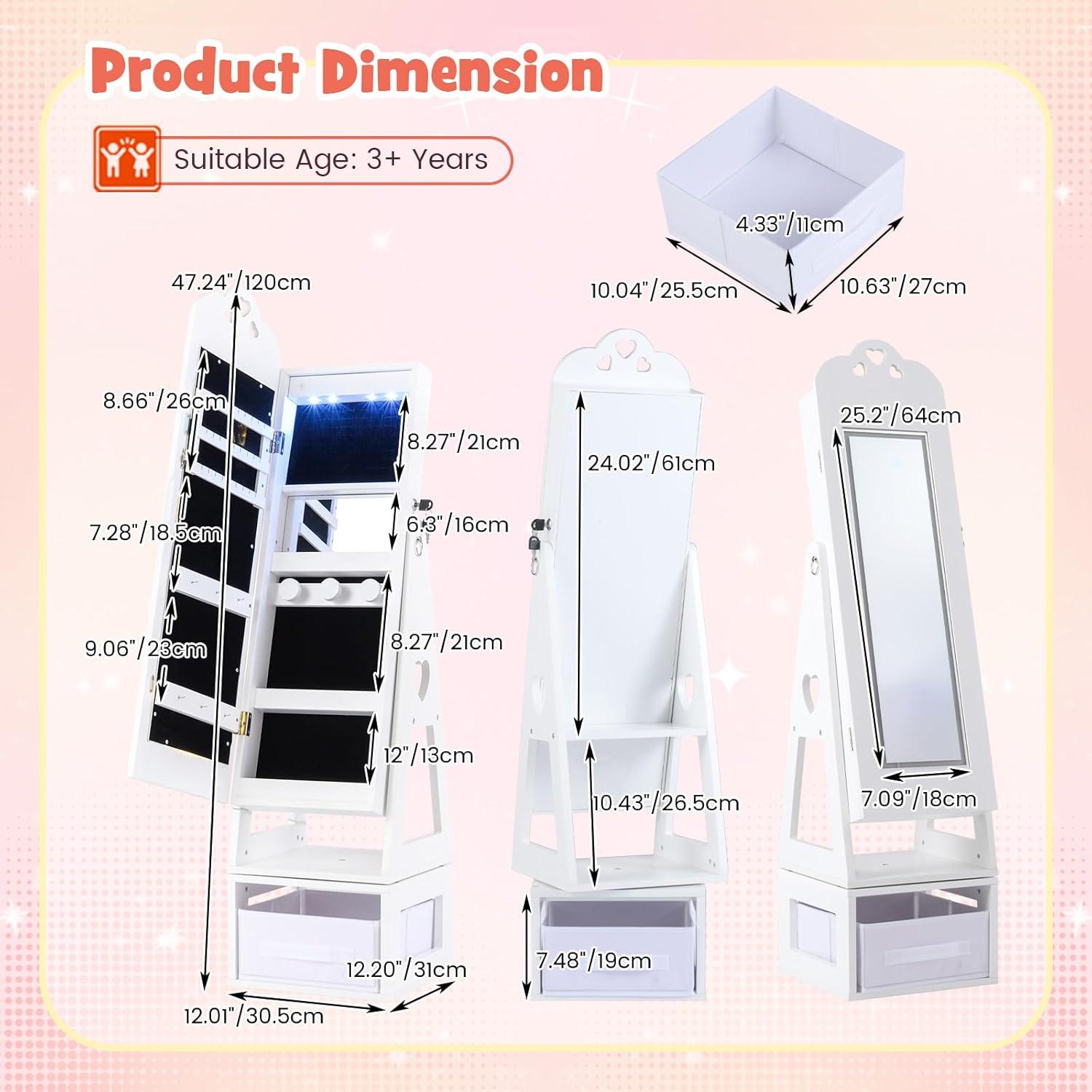 imageINFANS Kids Jewelry Armoire Cabinet 360 Swivel Lockable Standing Makeup Organizer with Interior Lights Rotatable FullLength LED Vanity Mirror with Foldable Fabric Drawer for Girls White HeartWhite Heart
