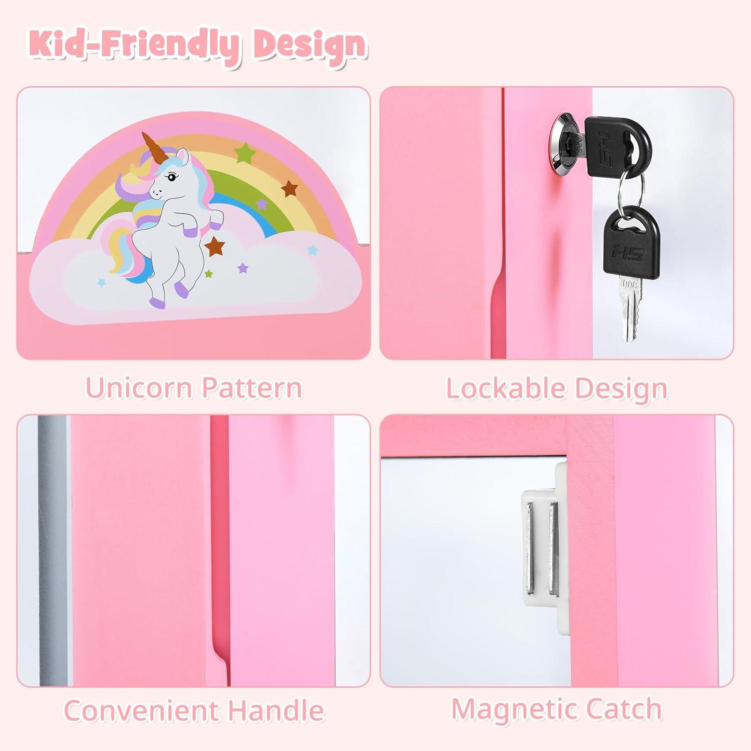 imageINFANS Kids Jewelry Armoire Cabinet 360 Swivel Lockable Standing Makeup Organizer with Interior Lights Rotatable FullLength LED Vanity Mirror with Foldable Fabric Drawer for Girls White HeartPink Horse