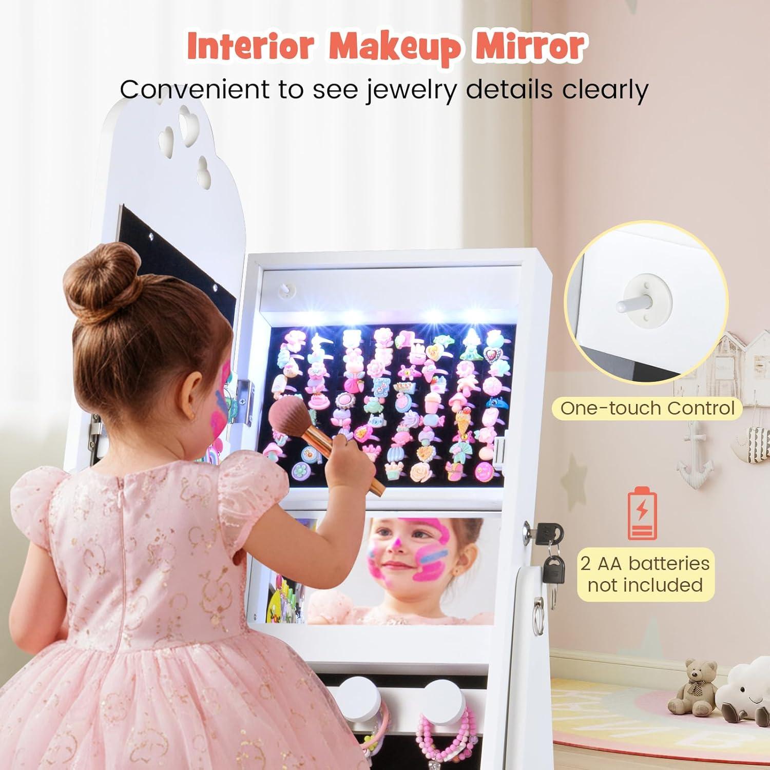 imageINFANS Kids Jewelry Armoire Cabinet 360 Swivel Lockable Standing Makeup Organizer with Interior Lights Rotatable FullLength LED Vanity Mirror with Foldable Fabric Drawer for Girls White HeartWhite Heart