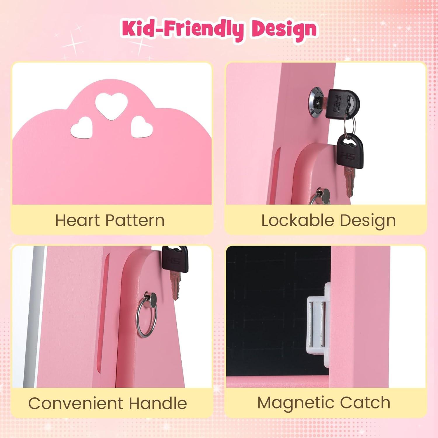 imageINFANS Kids Jewelry Armoire Cabinet 360 Swivel Lockable Standing Makeup Organizer with Interior Lights Rotatable FullLength LED Vanity Mirror with Foldable Fabric Drawer for Girls White HeartPink Heart