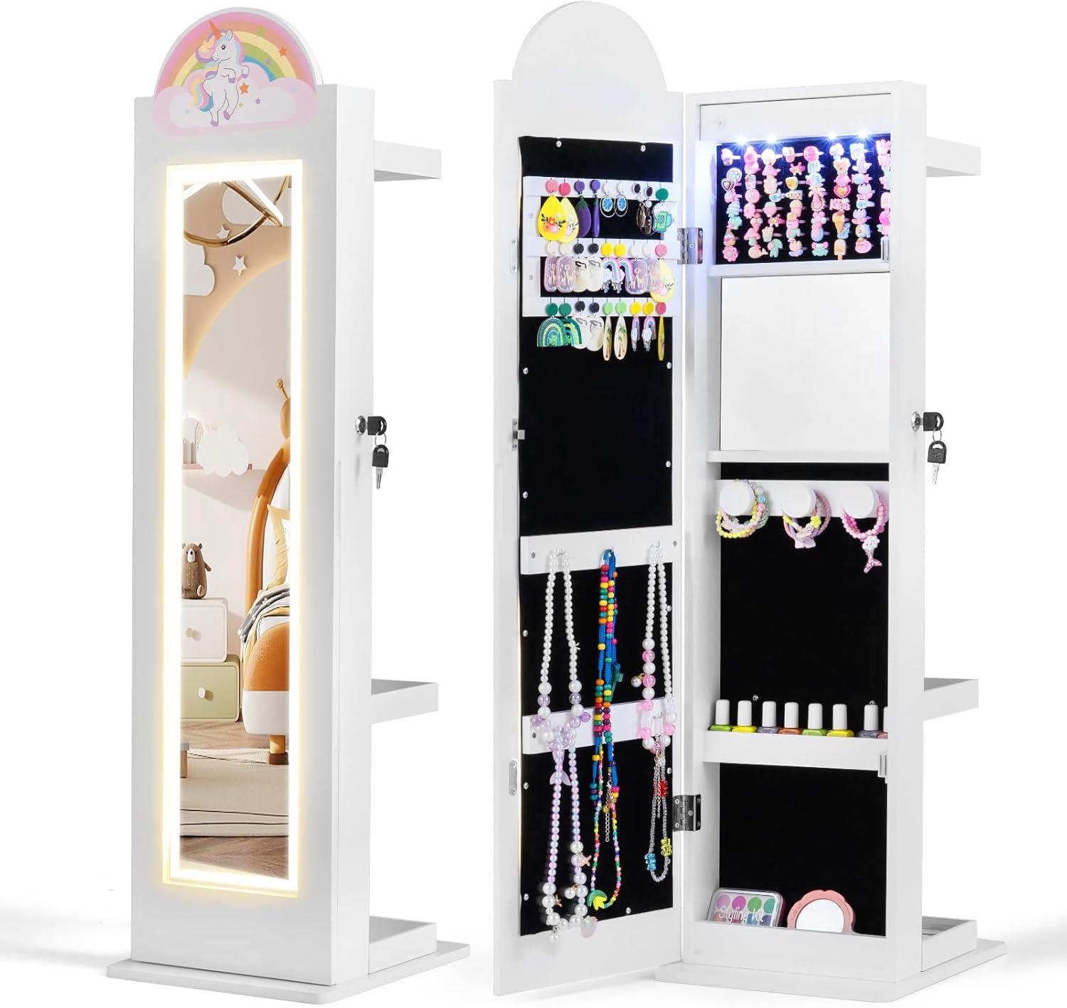 imageINFANS Kids Jewelry Armoire Cabinet 360 Swivel Lockable Standing Makeup Organizer with Interior Lights Rotatable FullLength LED Vanity Mirror with Foldable Fabric Drawer for Girls White HeartWhite Horse