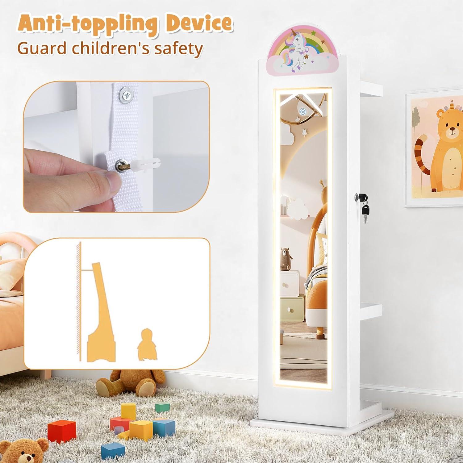 imageINFANS Kids Jewelry Armoire Cabinet 360 Swivel Lockable Standing Makeup Organizer with Interior Lights Rotatable FullLength LED Vanity Mirror with Foldable Fabric Drawer for Girls White HeartWhite Horse