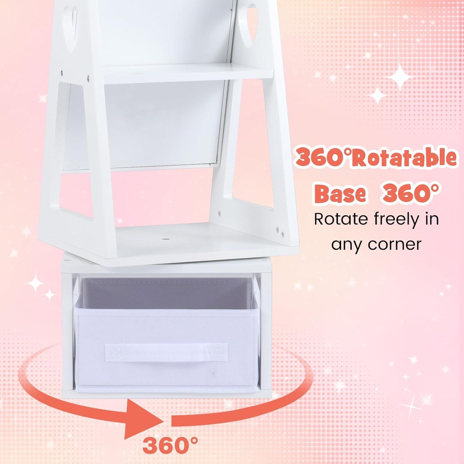 imageINFANS Kids Jewelry Armoire Cabinet 360 Swivel Lockable Standing Makeup Organizer with Interior Lights Rotatable FullLength LED Vanity Mirror with Foldable Fabric Drawer for Girls White HeartWhite Heart