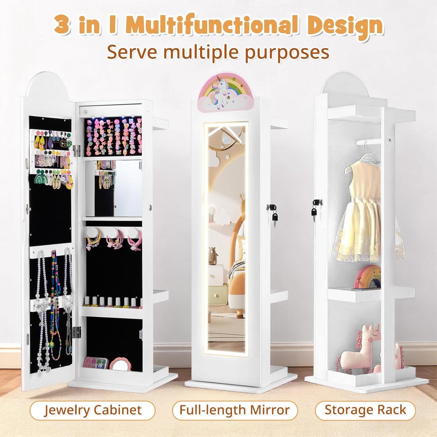 imageINFANS Kids Jewelry Armoire Cabinet 360 Swivel Lockable Standing Makeup Organizer with Interior Lights Rotatable FullLength LED Vanity Mirror with Foldable Fabric Drawer for Girls White HeartWhite Horse