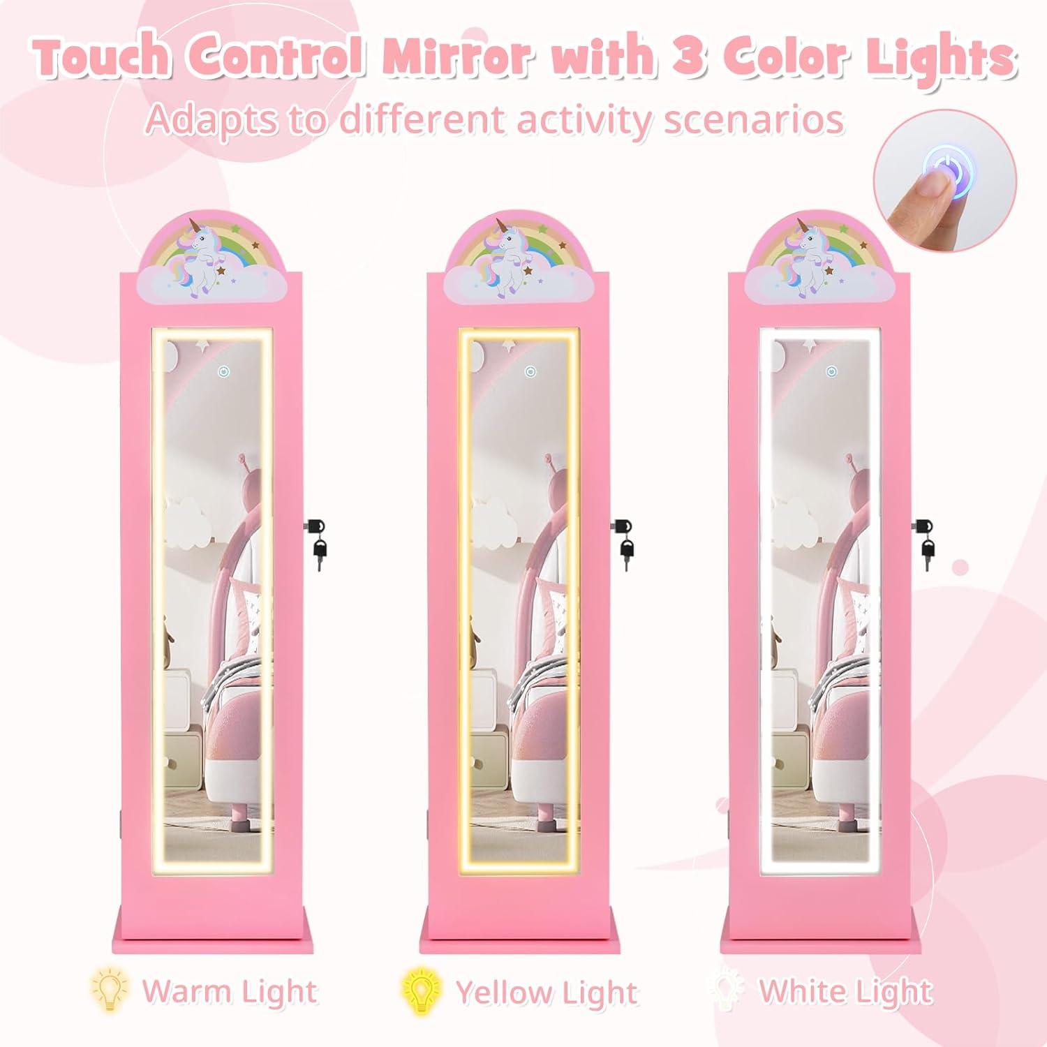 imageINFANS Kids Jewelry Armoire Cabinet 360 Swivel Lockable Standing Makeup Organizer with Interior Lights Rotatable FullLength LED Vanity Mirror with Foldable Fabric Drawer for Girls White HeartPink Horse