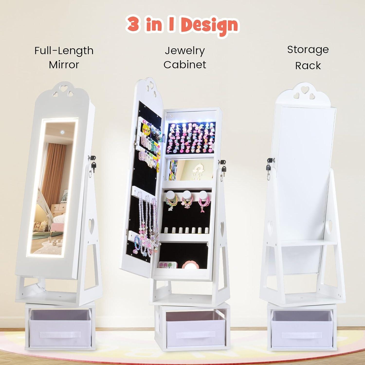 imageINFANS Kids Jewelry Armoire Cabinet 360 Swivel Lockable Standing Makeup Organizer with Interior Lights Rotatable FullLength LED Vanity Mirror with Foldable Fabric Drawer for Girls White HeartWhite Heart
