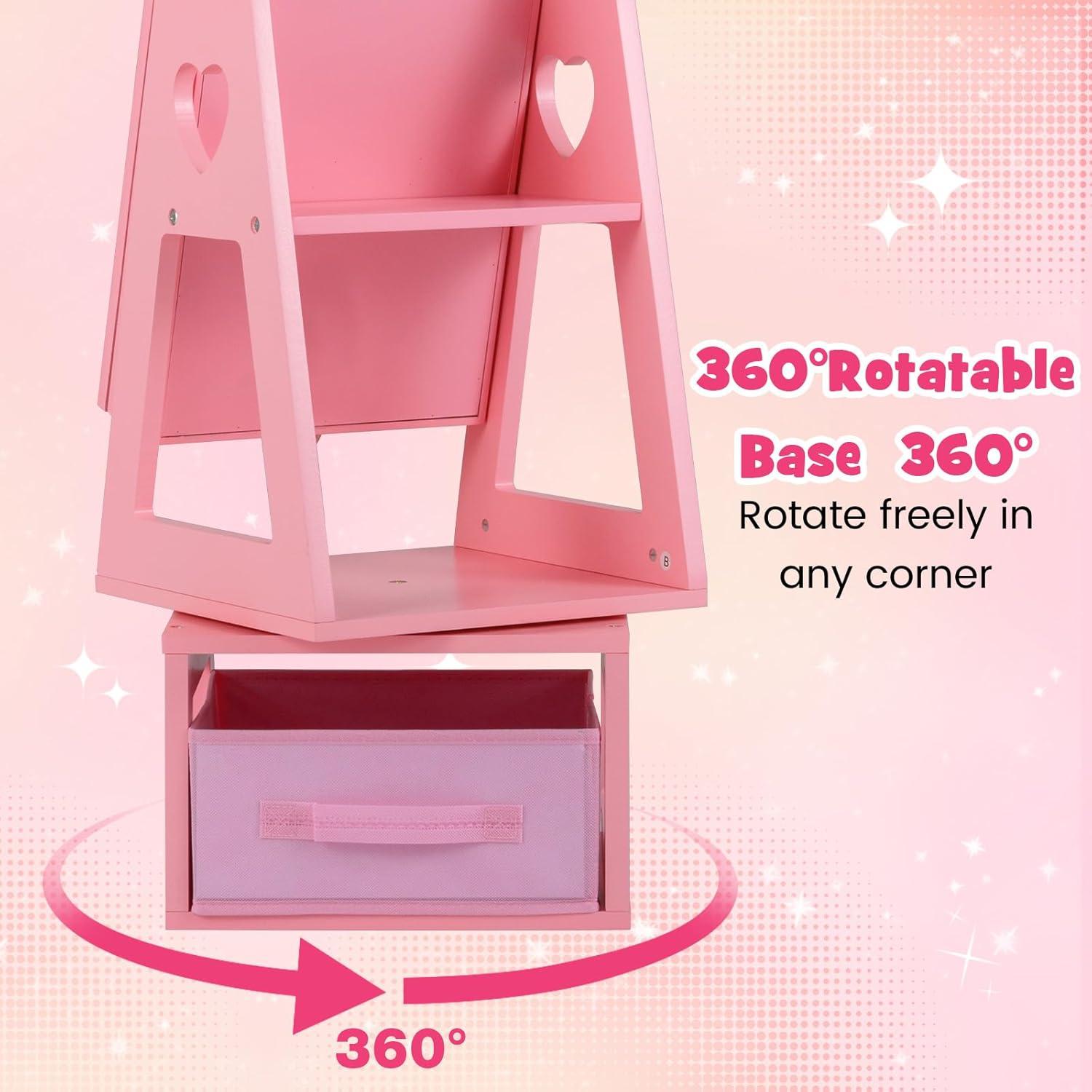 imageINFANS Kids Jewelry Armoire Cabinet 360 Swivel Lockable Standing Makeup Organizer with Interior Lights Rotatable FullLength LED Vanity Mirror with Foldable Fabric Drawer for Girls White HeartPink Heart