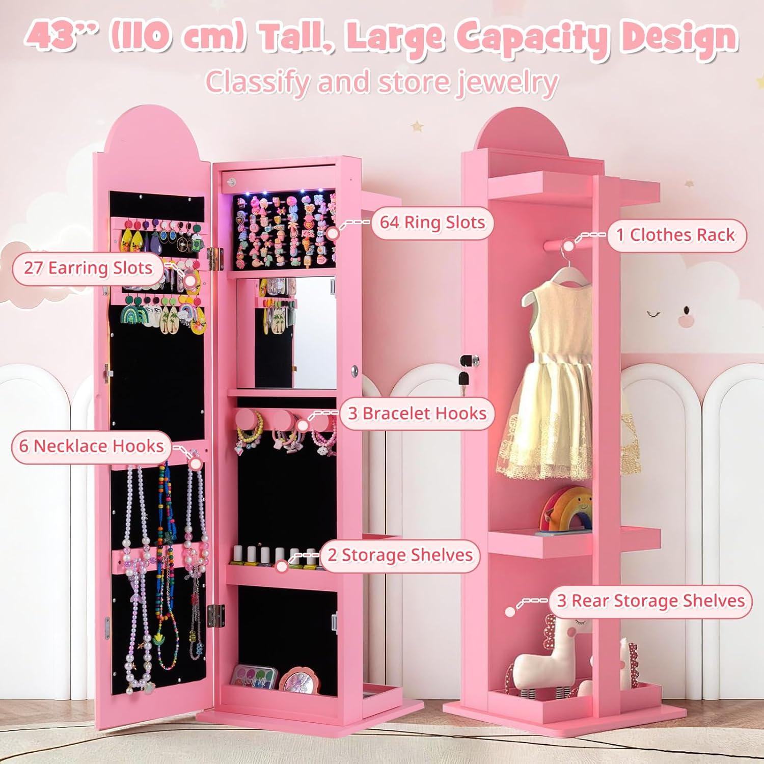 imageINFANS Kids Jewelry Armoire Cabinet 360 Swivel Lockable Standing Makeup Organizer with Interior Lights Rotatable FullLength LED Vanity Mirror with Foldable Fabric Drawer for Girls White HeartPink Horse